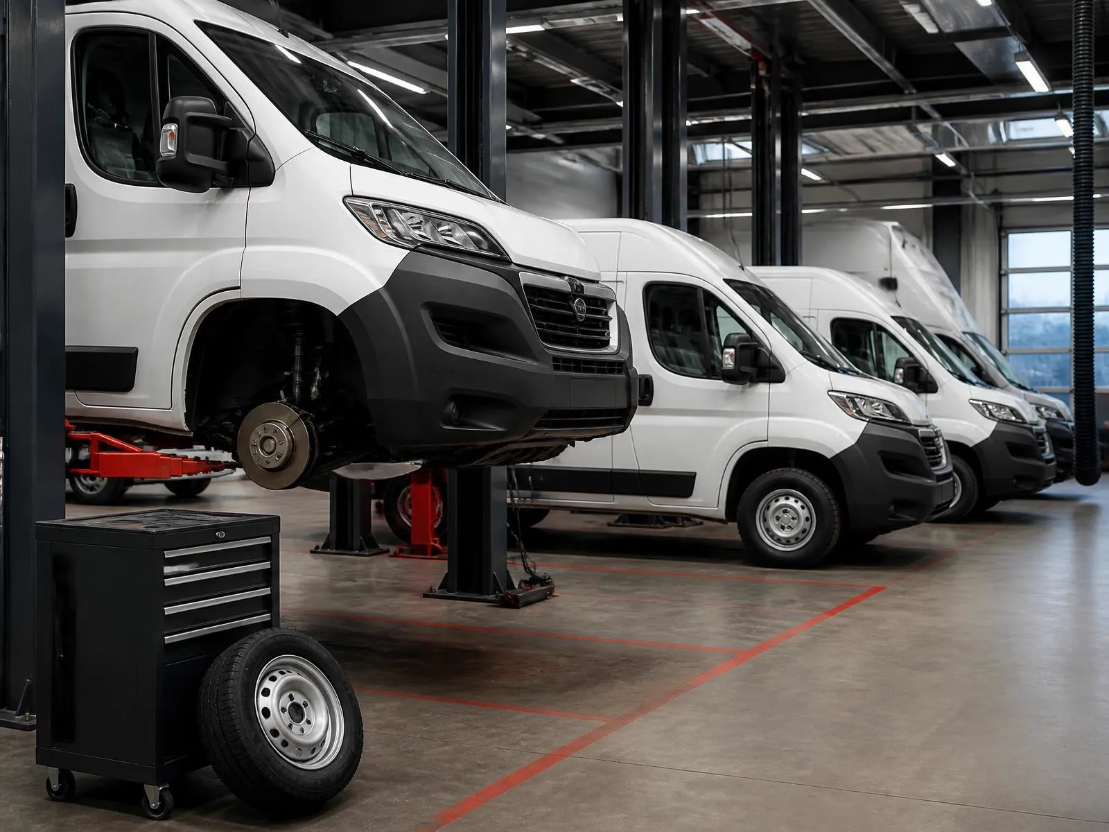 Rad úžitkových vozidiel firemnej flotily pripravených na pravidelný servis bŕzd
